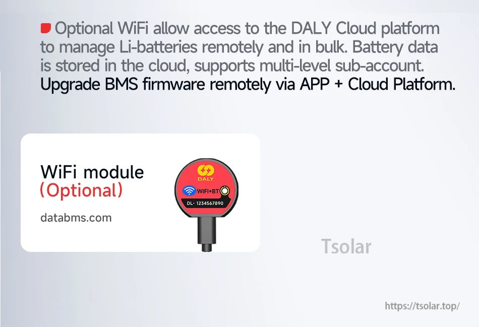 Optional DALY WiFi+BT module graphic for connecting the BMS to the DALY Cloud platform for remote management