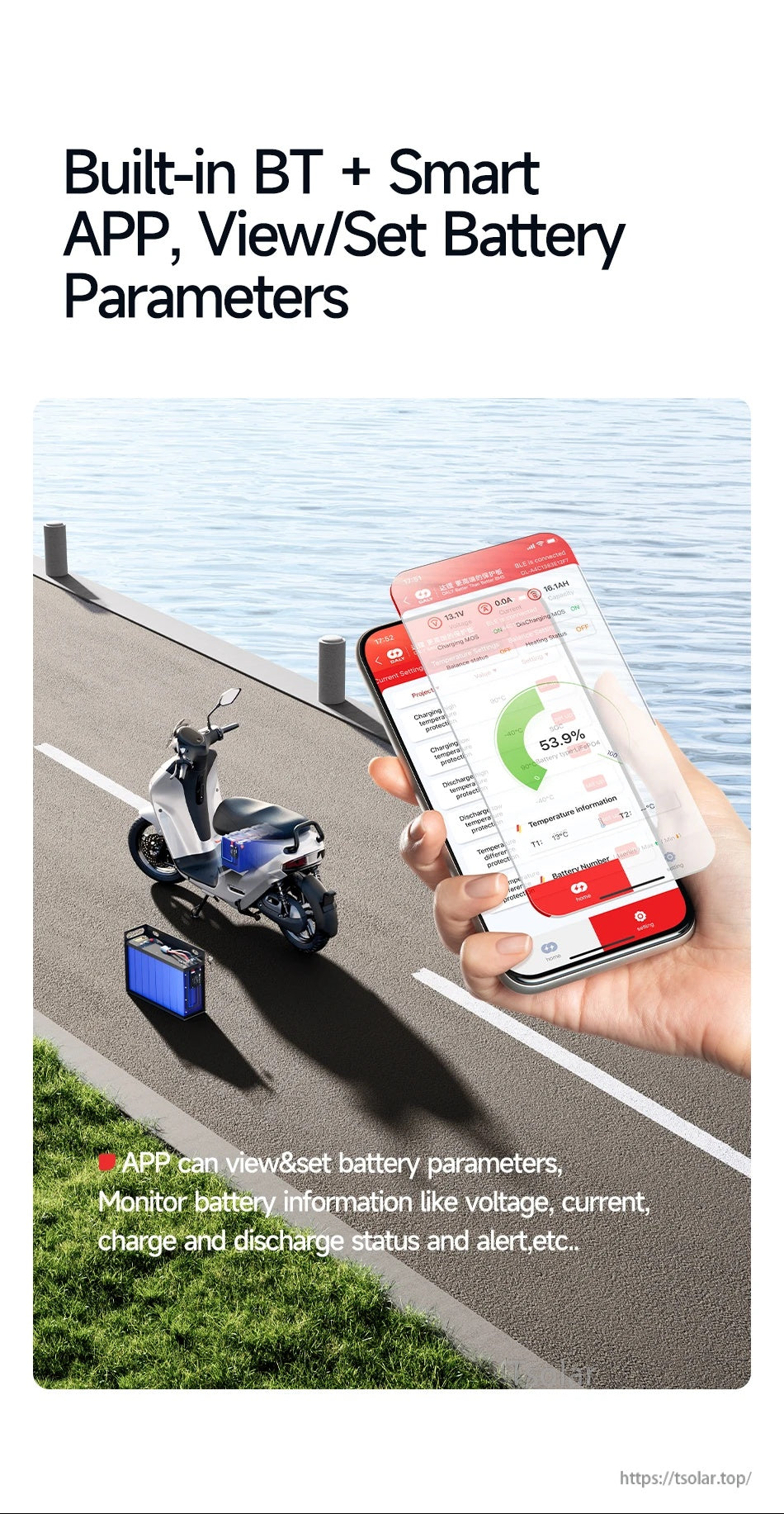 DALY Smart BMS Bluetooth app interface on a phone for viewing and setting battery parameters and status alerts