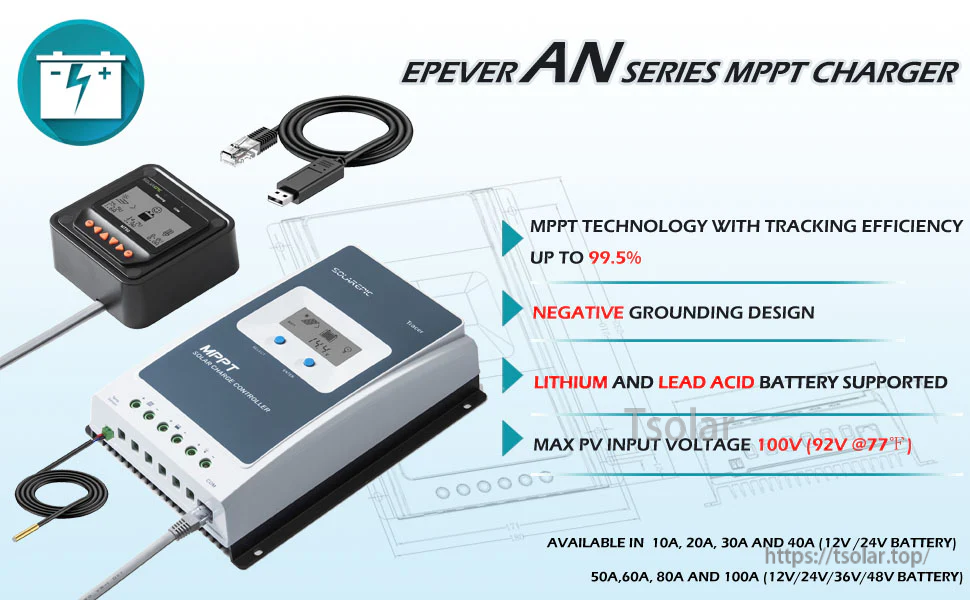 EPEVER 10A/20A/30A/40A MPPT Solar Charge Controller 100V PV Max Input Negative Ground LiFePo4 Battery Charger W/ MT50 Remote Meter & Temperature Sensor Tracer4210AN