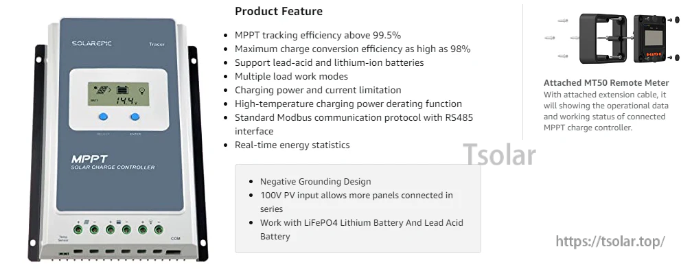 EPEVER 10A/20A/30A/40A MPPT Solar Charge Controller 100V PV Max Input Negative Ground LiFePo4 Battery Charger W/ MT50 Remote Meter & Temperature Sensor Tracer4210AN