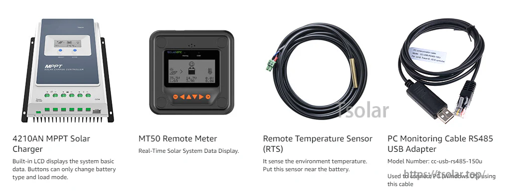 EPEVER 10A/20A/30A/40A MPPT Solar Charge Controller 100V PV Max Input Negative Ground LiFePo4 Battery Charger W/ MT50 Remote Meter & Temperature Sensor Tracer4210AN