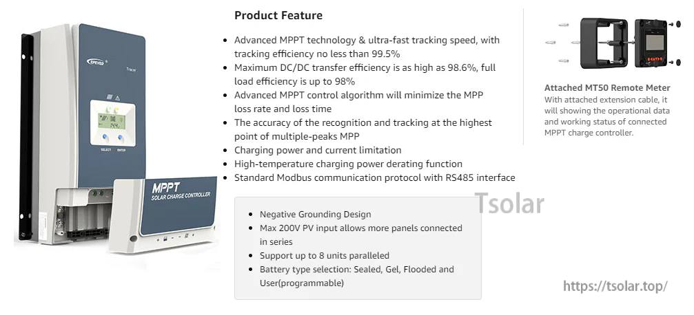 EPEVER 50A/60A/80A/100A MPPT Solar Charge Controller 150V-200V PV Input Negative Ground Work with 12/24/36/48V Battery System Tracer 10420AN