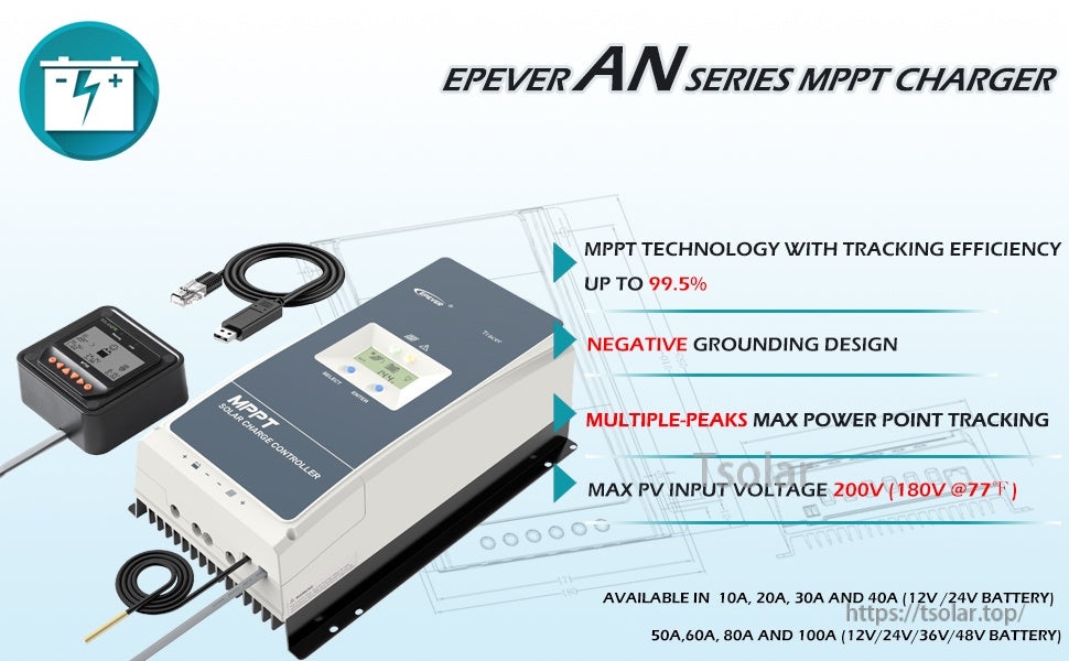 EPEVER 50A/60A/80A/100A  MPPT Solar Charge Controller 150V-200V PV Input Negative Ground Work with 12/24/36/48V Battery System Tracer 10420AN
