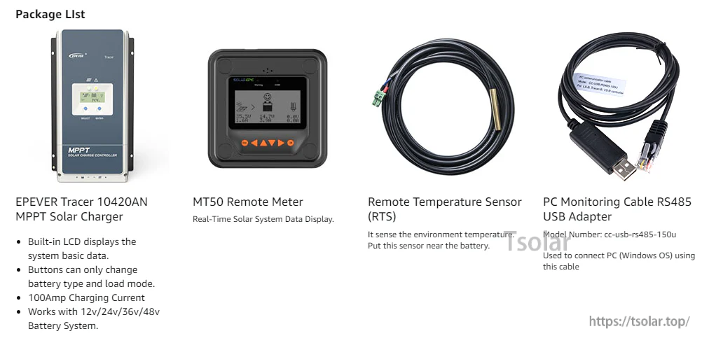 EPEVER 50A/60A/80A/100A MPPT Solar Charge Controller 150V-200V PV Input Negative Ground Work with 12/24/36/48V Battery System Tracer 10420AN