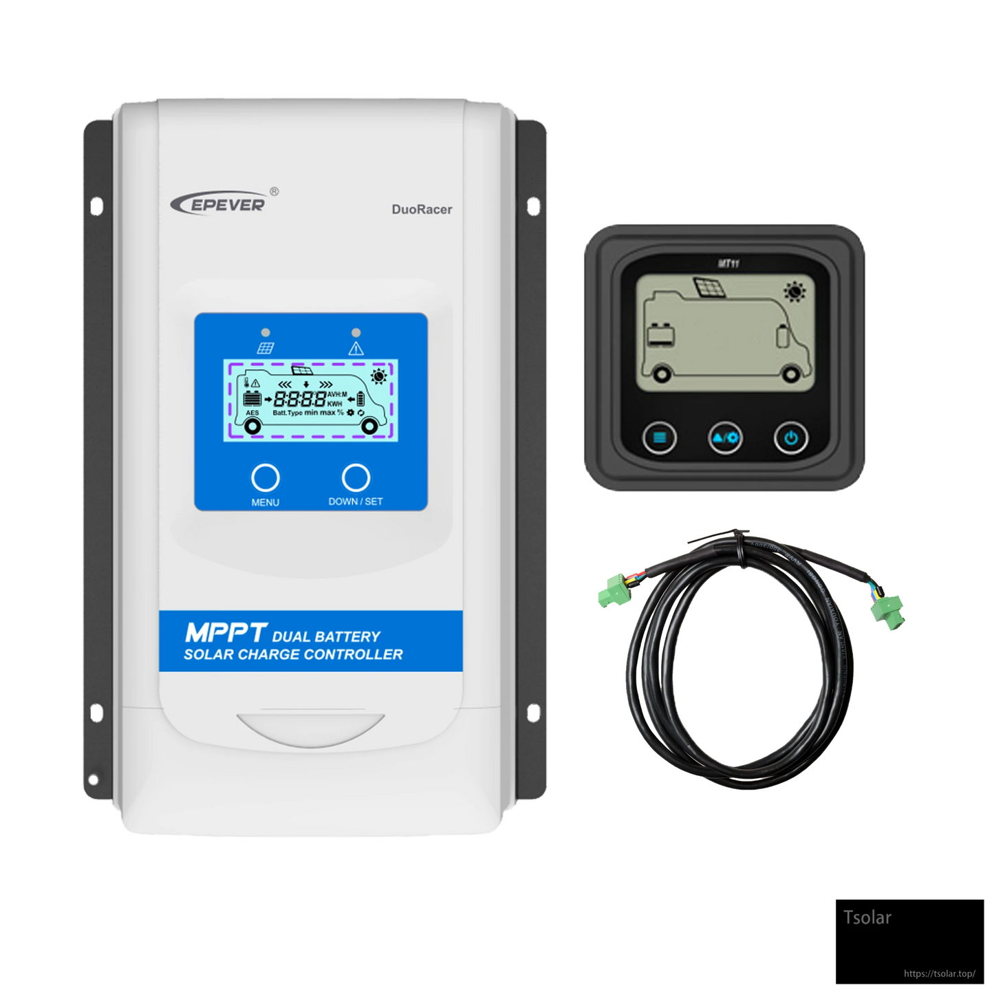 EPEVER DuoRacer MPPT dual-battery solar charge controller with LCD panel, MT11 display, and RS485 cable