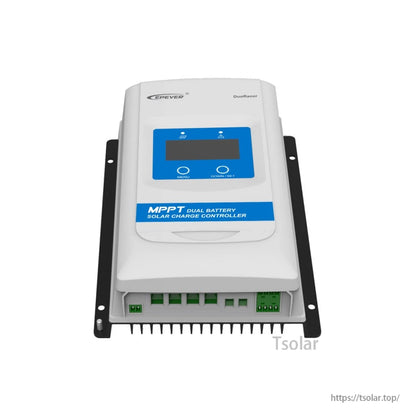 EPEVER DuoRacer MPPT dual battery solar charge controller with LCD screen, buttons, and bottom wiring terminals