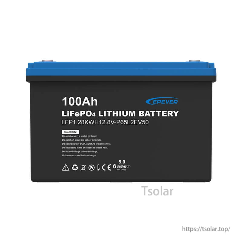 EPEVER 100Ah 12.8V LiFePO4 lithium battery with blue top cover, model LFP1.28KWH12.8V-P65L2EV50
