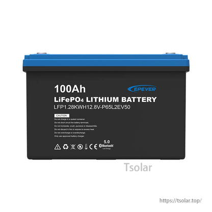 EPEVER 100Ah 12.8V LiFePO4 lithium battery with blue top cover, model LFP1.28KWH12.8V-P65L2EV50