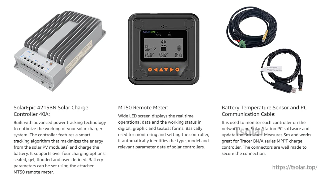 EPEVER MPPT Solar Charge Controller 40A 30A 10A /150V PV Solar Panel Controller Negative Ground W/ MT50 Remote Meter + Temperature Sensor PC Monitoring Cable