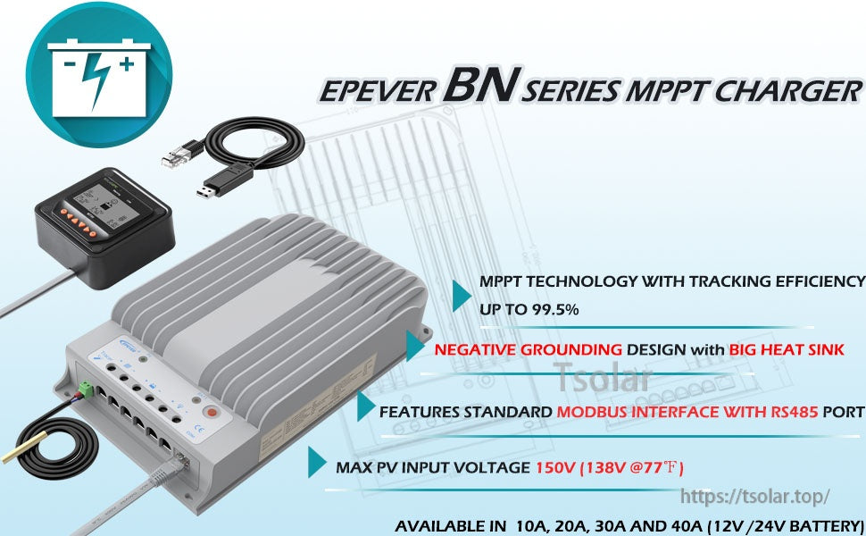 EPEVER MPPT Solar Charge Controller 40A 30A 10A /150V PV Solar Panel Controller Negative Ground W/ MT50 Remote Meter + Temperature Sensor PC Monitoring Cable