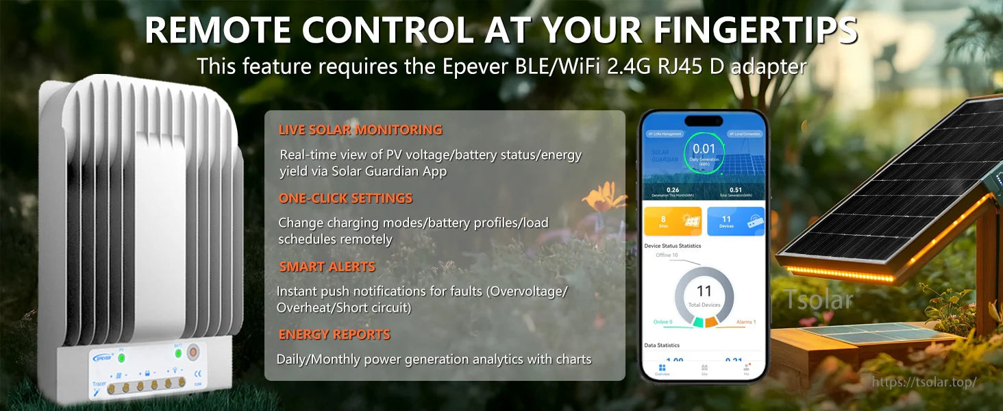 EPEVER MPPT Solar Charge Controller 40A 30A 10A /150V PV Solar Panel Controller Negative Ground W/ MT50 Remote Meter + Temperature Sensor PC Monitoring Cable