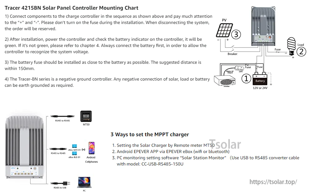 EPEVER MPPT Solar Charge Controller Trace BN Series 150V PV Input Tracer 4215BN | 3215BN | 2215BN Works with LiFePO4 Batteries