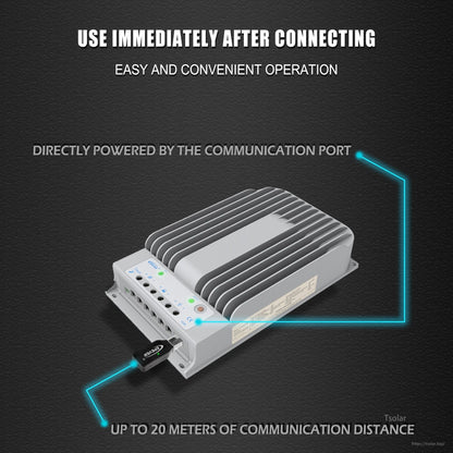 EPEVER WiFi communication adapter dongle plugged into solar charge controller port, powered by the comm port (up to 20 m).
