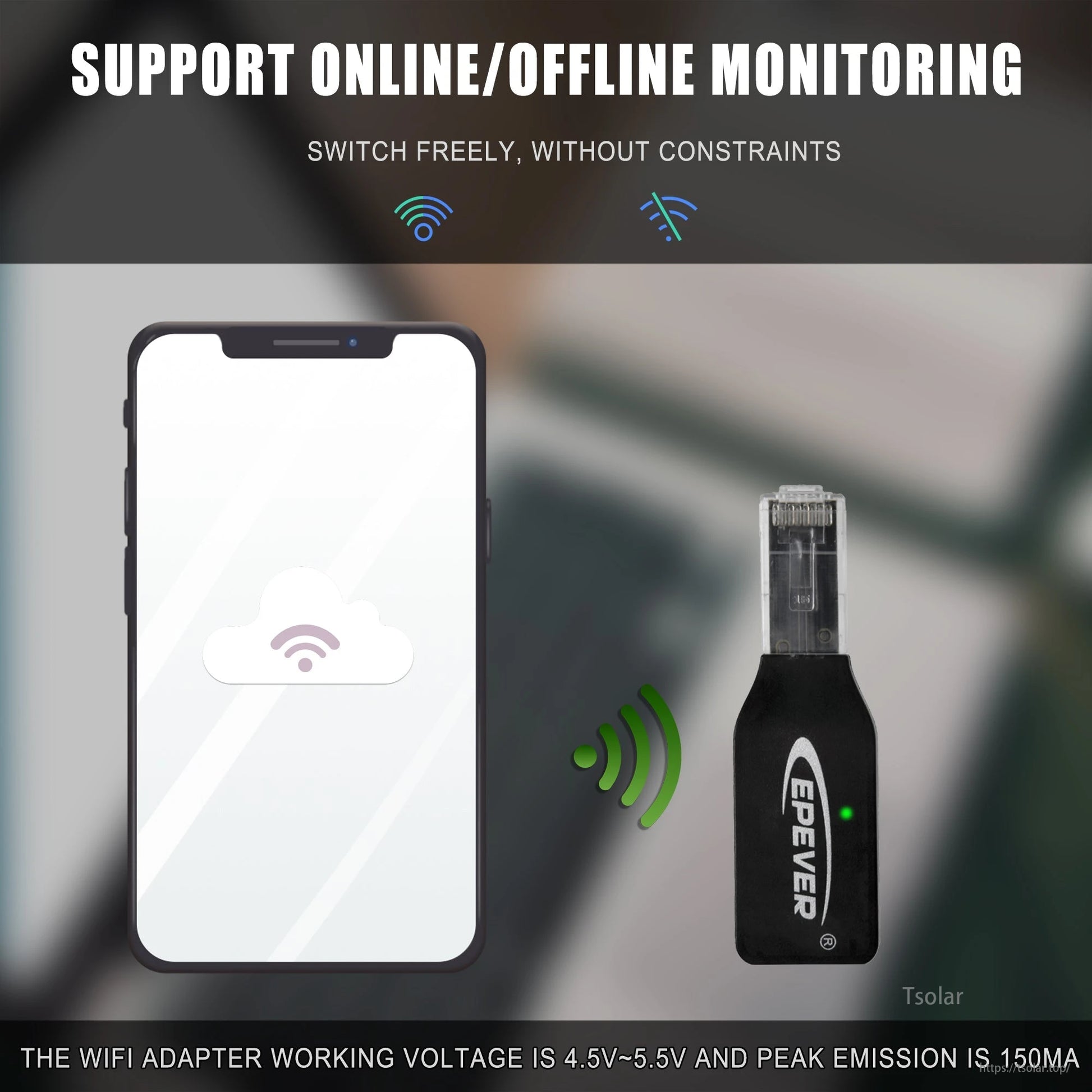 EPEVER WiFi communication adapter with RJ45 plug and status LED, for online/offline monitoring on mobile app