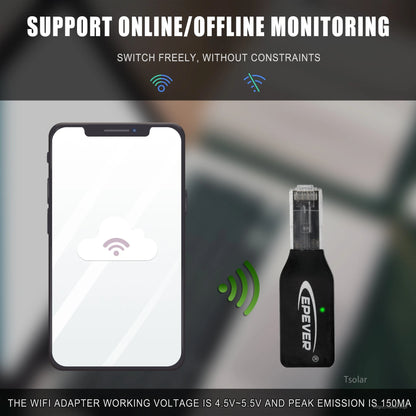 EPEVER WiFi communication adapter with RJ45 plug and status LED, for online/offline monitoring on mobile app