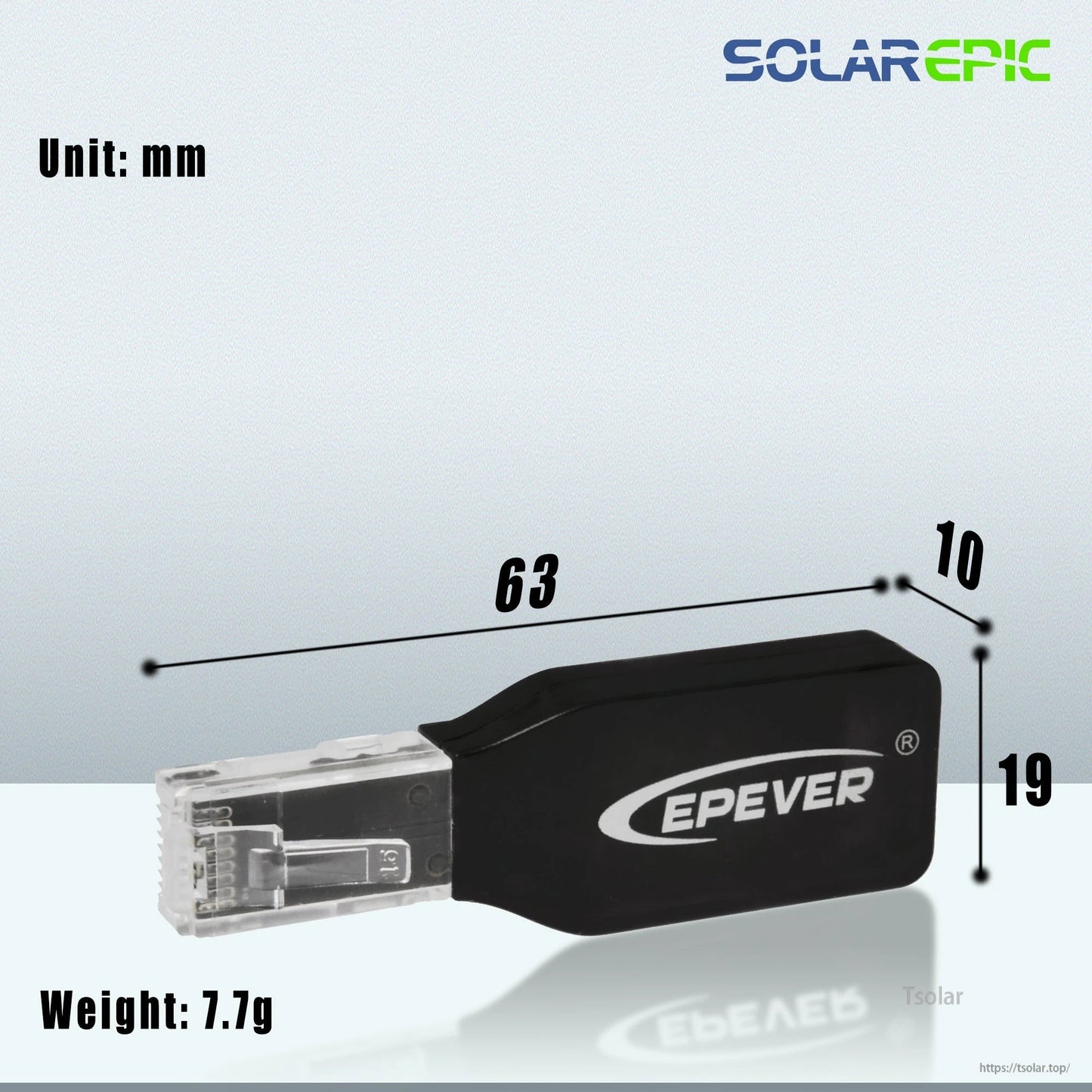 EPEVER WiFi communication adapter with RJ45 plug, compact black module measuring about 63 x 19 x 10 mm