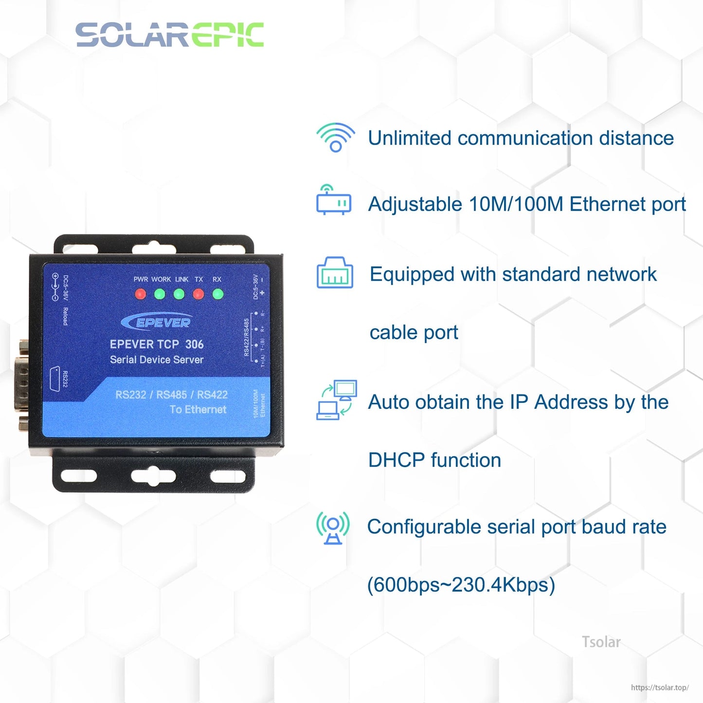 EPEVER TCP 306 Serial Device Server for RS485 Solar Controller/Inverter Monitoring, 10/100M Ethernet