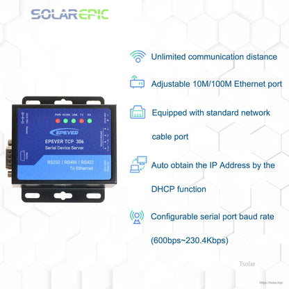 EPEVER TCP 306 Serial Device Server for RS485 Solar Controller/Inverter Monitoring, 10/100M Ethernet