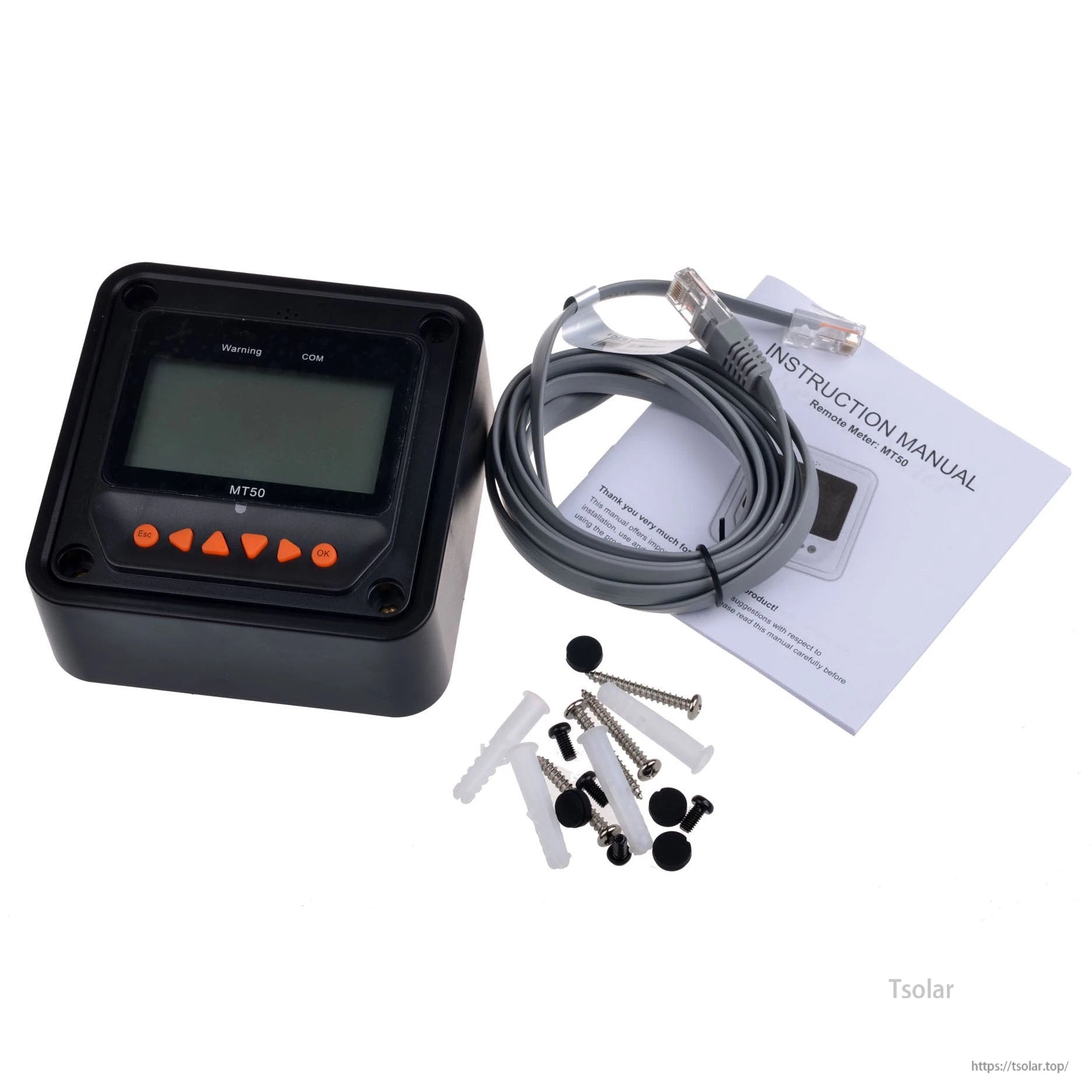 EPEVER MT50 LCD remote meter kit with RS485 cable, instruction manual, and mounting screws