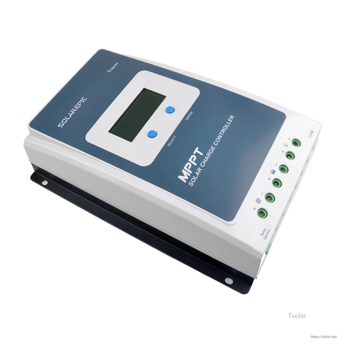 EPEVER Tracer AN MPPT solar charge controller with LCD screen, two buttons, and labeled PV/battery/load terminals