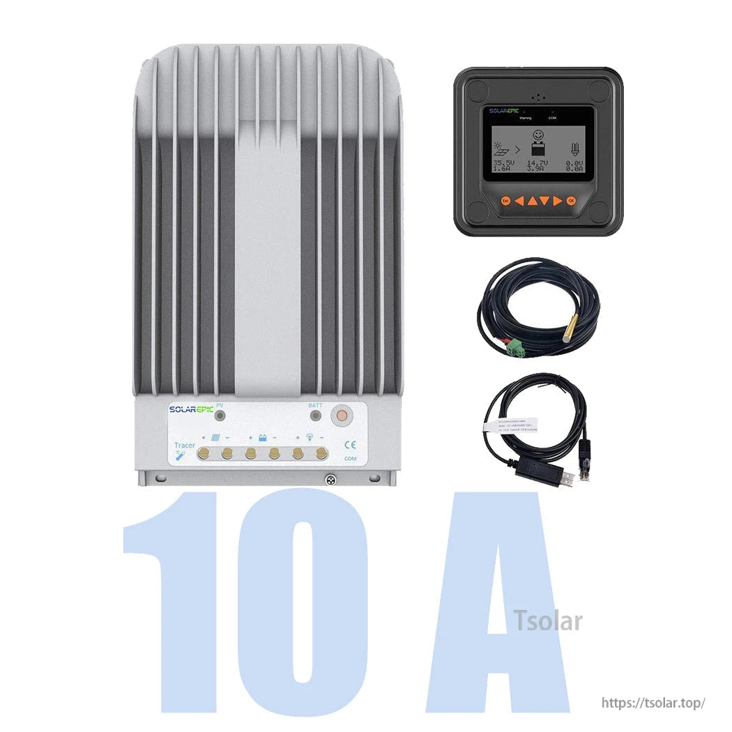 EPEVER Tracer MPPT solar charge controller with MT50 remote meter, temperature sensor probe, and USB‑RS485 cable