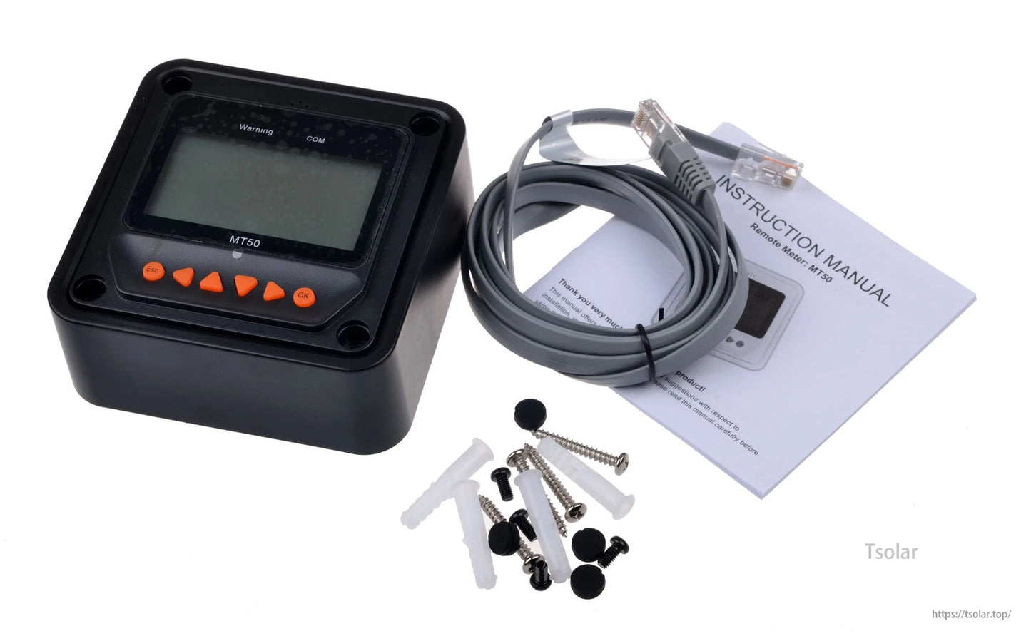 EPEVER MT50 solar charge controller meter with connection cable, manual, and mounting screws