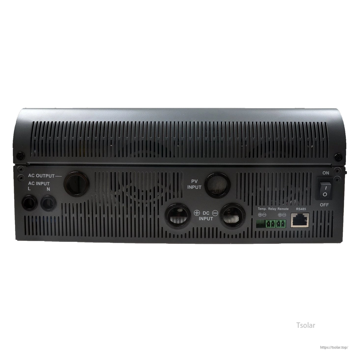 EPEVER UPower 3000W MPPT Inverter, Rear panel of EPEVER UPower 3000W inverter with AC input/output terminals, PV and DC inputs, RS485 port, and power switch