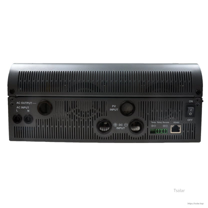 EPEVER UPower 3000W MPPT Inverter, Rear panel of EPEVER UPower 3000W inverter with AC input/output terminals, PV and DC inputs, RS485 port, and power switch