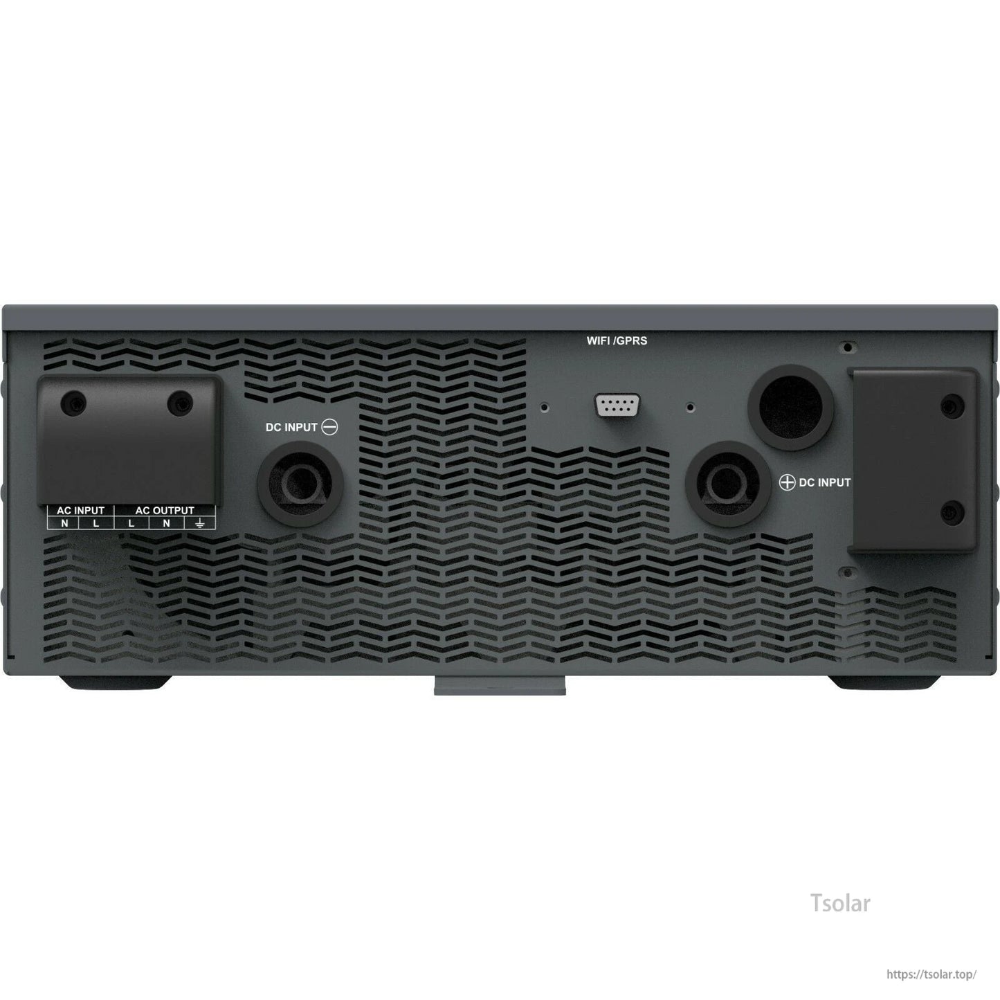 Rear panel of EPEVER UPower-Hi 2000W hybrid inverter with AC input/output terminals, DC input ports and WiFi/GPRS port