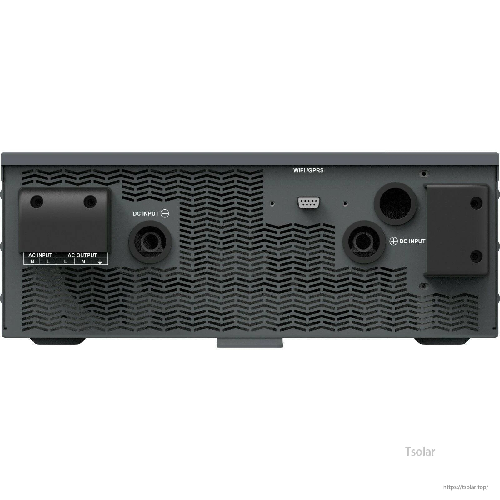 Rear panel of EPEVER UPower-Hi 2000W hybrid inverter with AC input/output terminals, DC input ports and WiFi/GPRS port