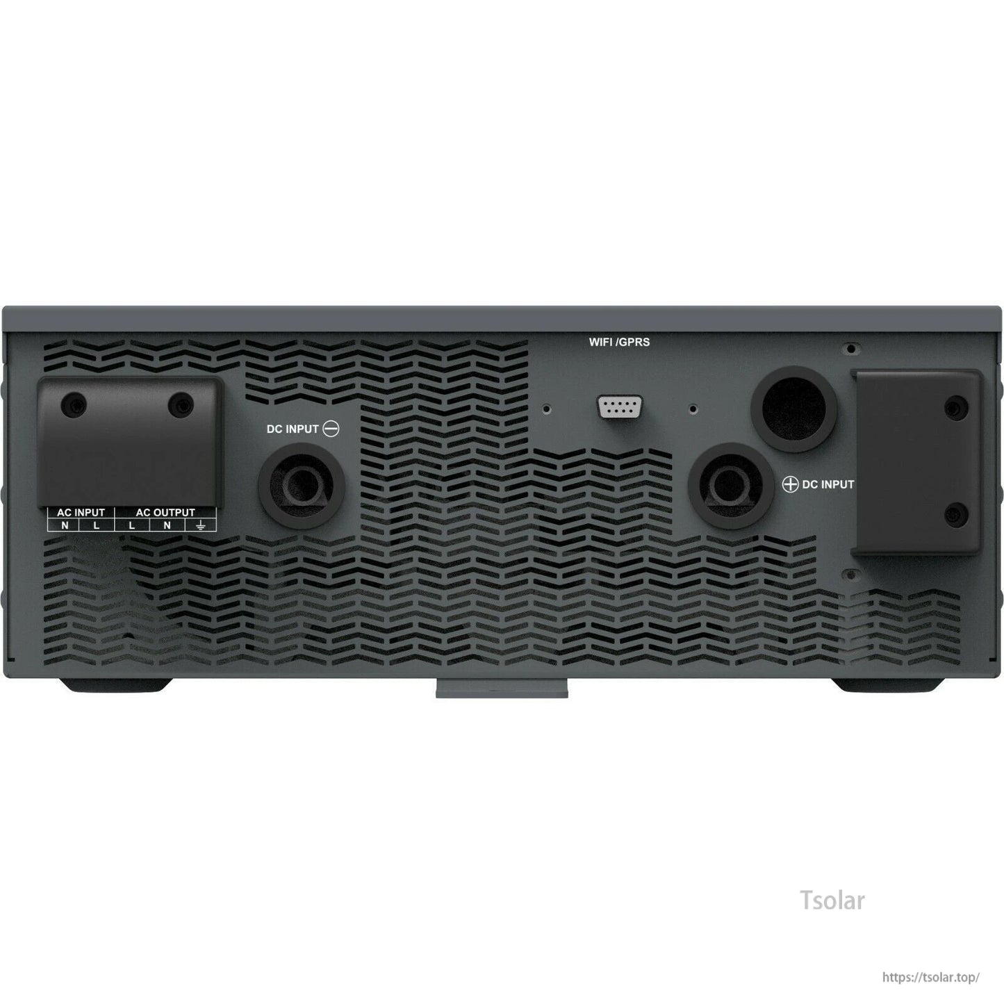 Rear panel of EPEVER UPower-Hi 5000W hybrid inverter with AC input/output terminals, DC input ports, and WiFi/GPRS port