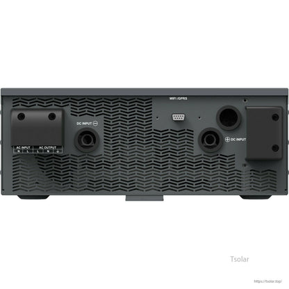 Rear panel of EPEVER UPower-Hi 5000W hybrid inverter with AC input/output terminals, DC input ports, and WiFi/GPRS port