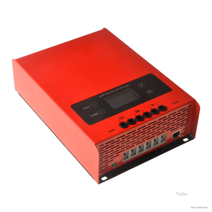 ESMART ESF48H60 MPPT Solar Charge Controller, ESMART MPPT solar charge controller in red metal case with LCD display, control buttons, and front terminal ports