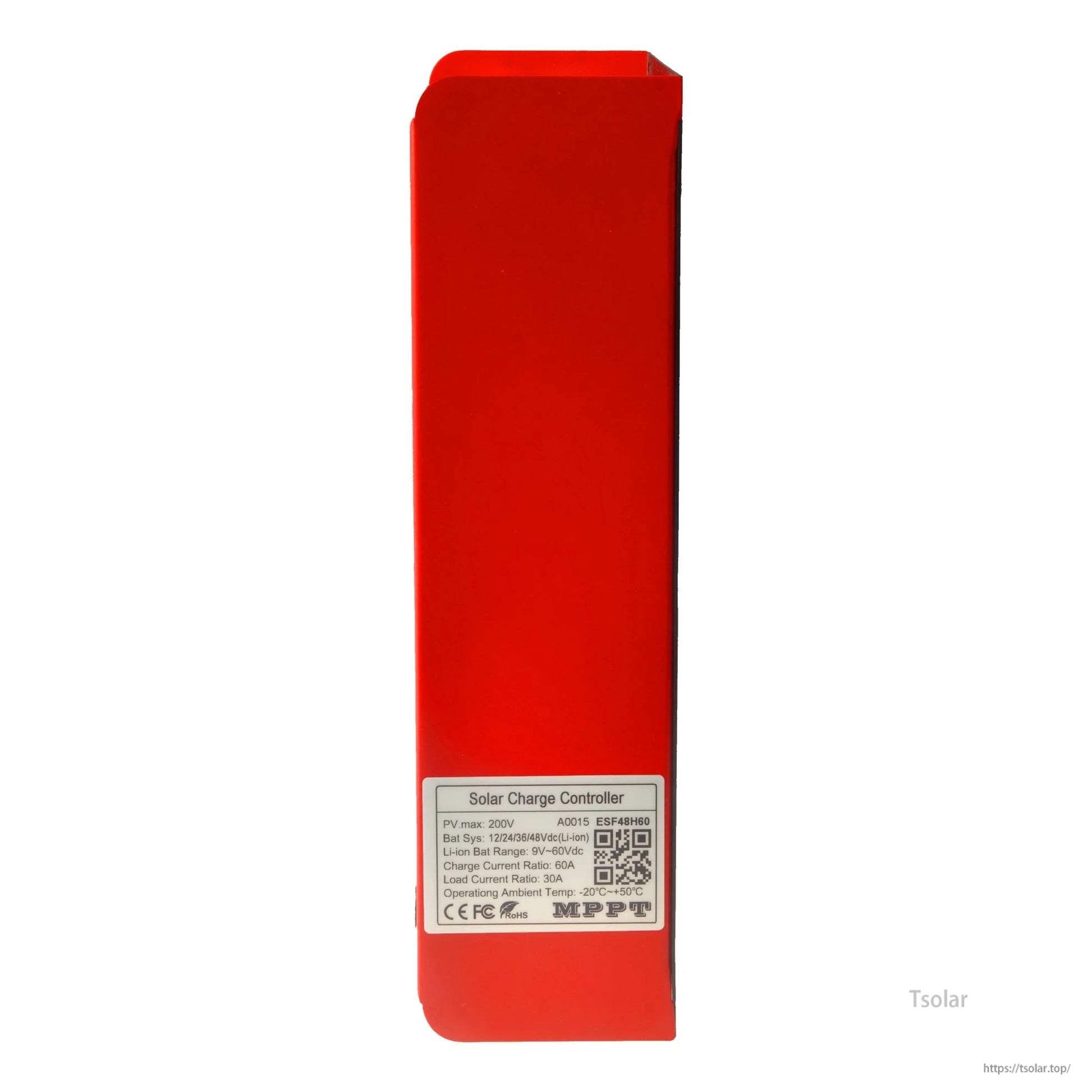 ESMART ESF48H60 MPPT solar charge controller in red housing with spec label showing 200V PV max and 60A rating
