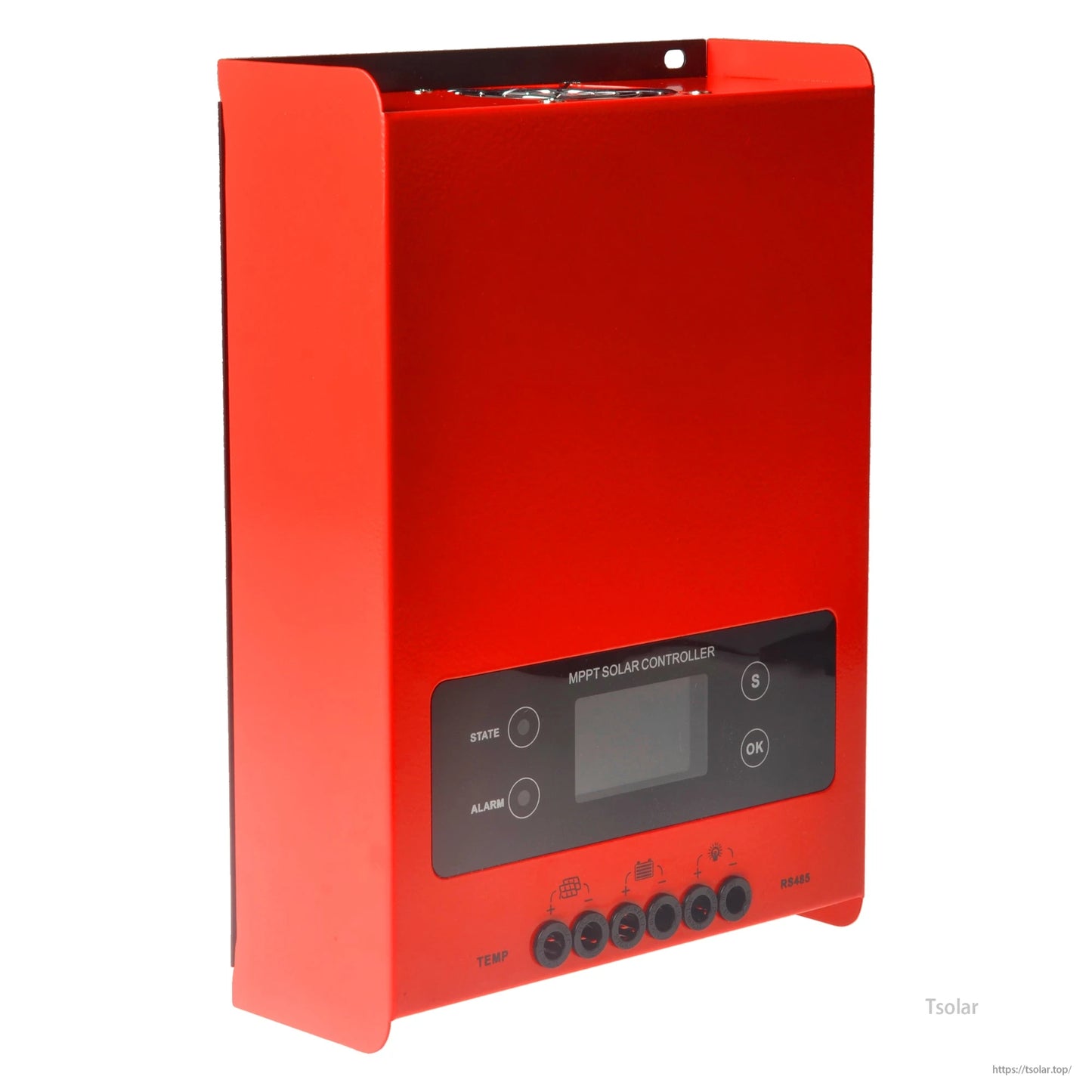 ESMART ESF48H60 MPPT solar charge controller with red metal enclosure, LCD display, buttons, and bottom terminals