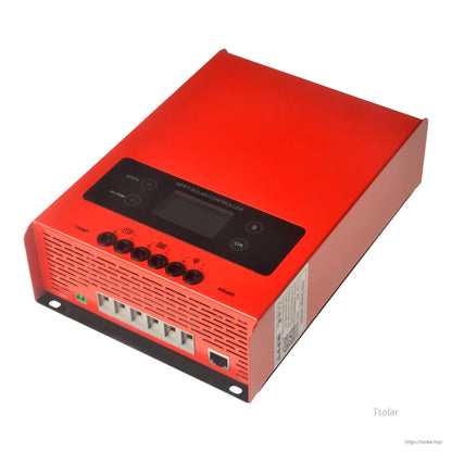 ESMART ESF48H60 MPPT Solar Charge Controller, ESMART MPPT solar charge controller in red metal case with LCD screen, control buttons, and front wiring terminals