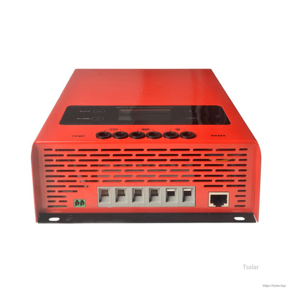 ESMART ESF48H60 MPPT solar charge controller with front LCD panel, buttons, vented red case, and RS485 port