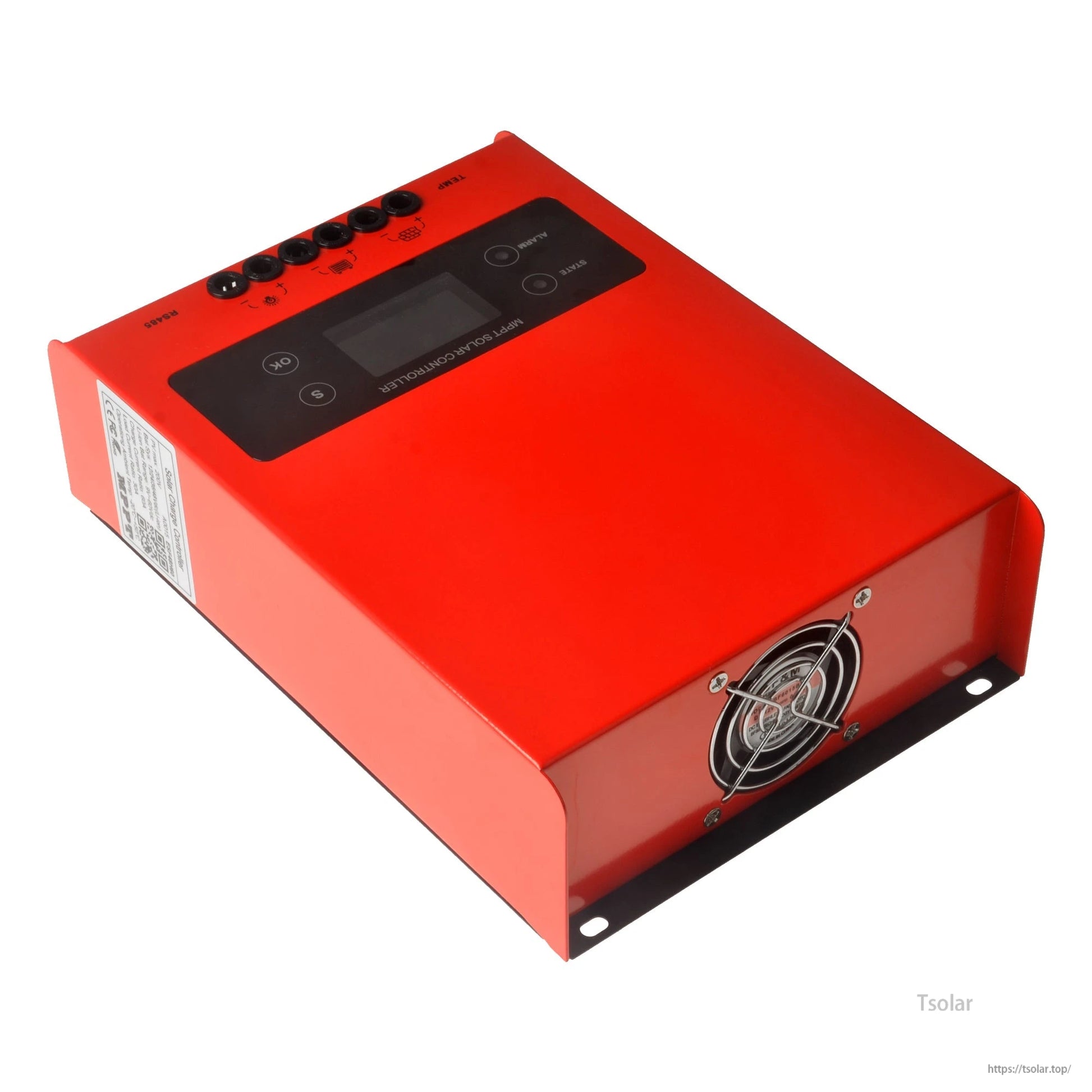 ESMART ESF48H60 MPPT solar charge controller in red metal case with LCD display, control buttons, terminals, and cooling fan