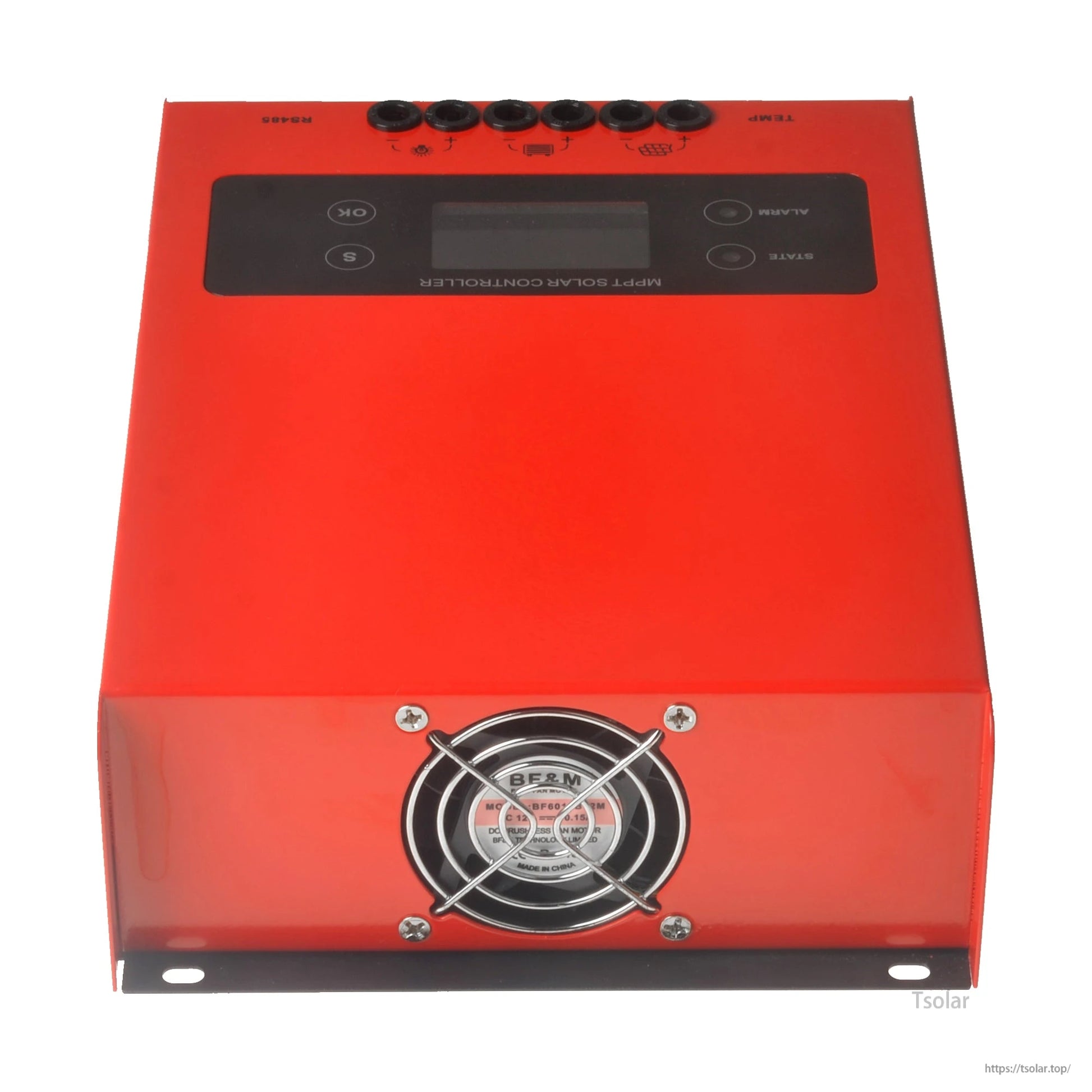 ESMART ESF48H60 MPPT solar charge controller in red housing with LCD control panel, top terminals, and cooling fan