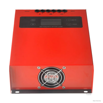 ESMART ESF48H60 MPPT solar charge controller in red housing with LCD control panel, top terminals, and cooling fan