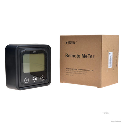 EPEVER MT11 remote meter with LCD screen and three front buttons, next to Epever Remote Meter box