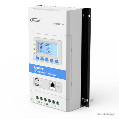 Epever TrironN MPPT solar charge controller with LCD display, dual USB ports, and front RJ45 communication jack