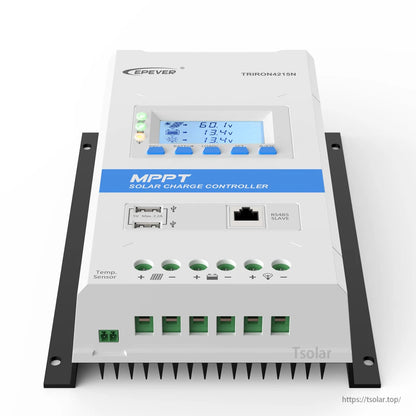 Epever Triron N MPPT solar charge controller with LCD display, dual USB ports, RS485 jack, and wiring terminals