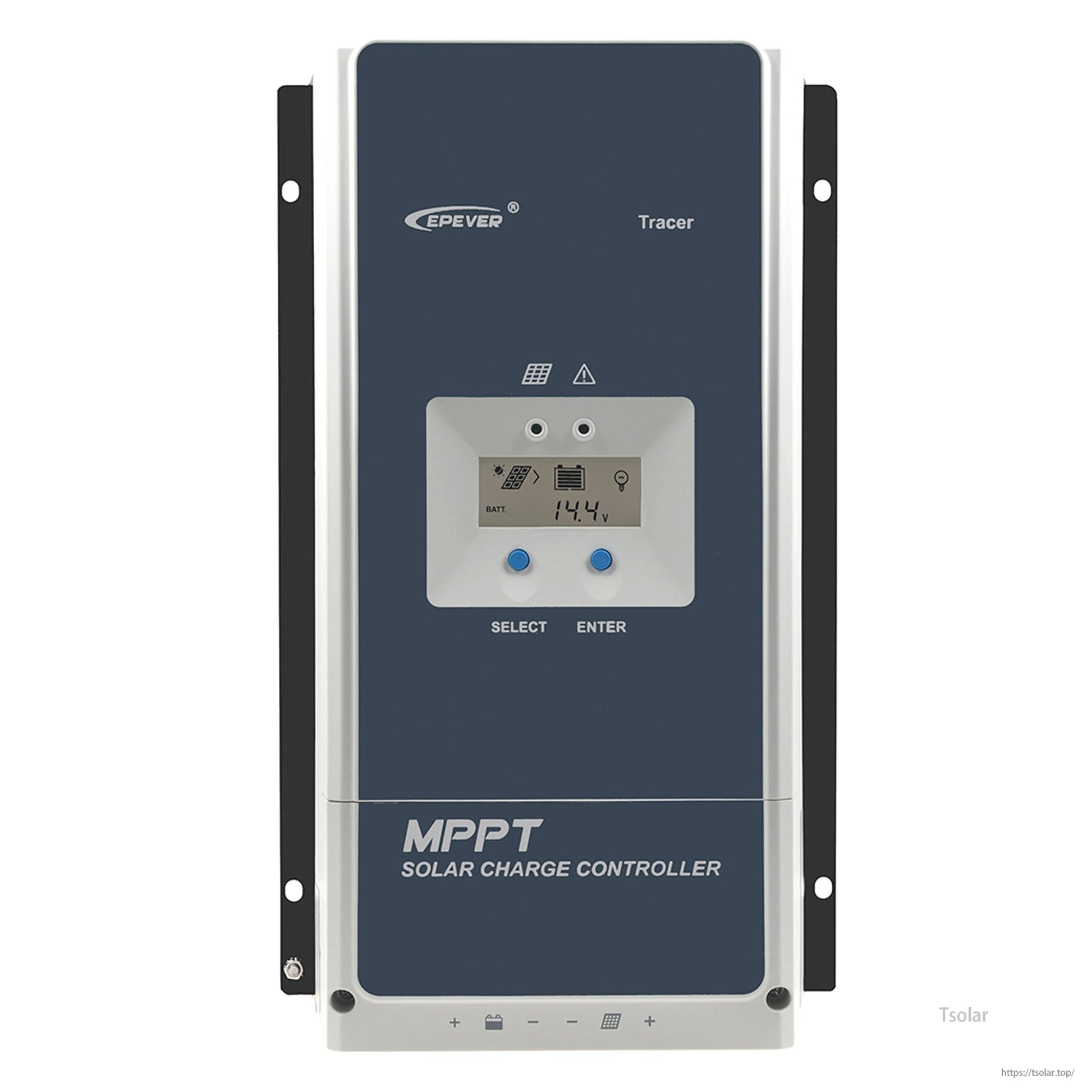 Epever Tracer AN MPPT Solar Charge Controller, Epever Tracer MPPT solar charge controller with front LCD screen and select/enter buttons, wall-mount design