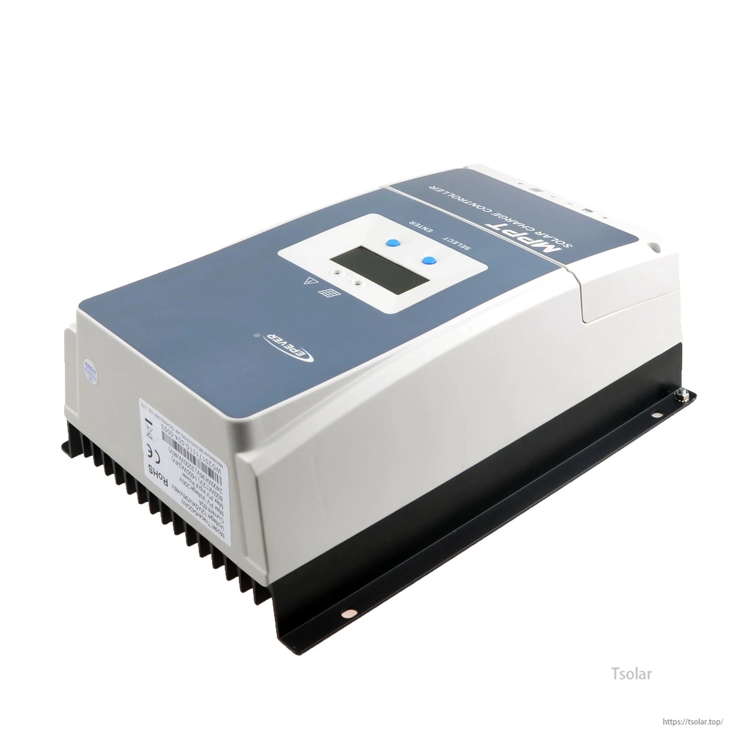 Epever Tracer AN MPPT solar charge controller with built-in LCD display, two buttons, and heatsink base