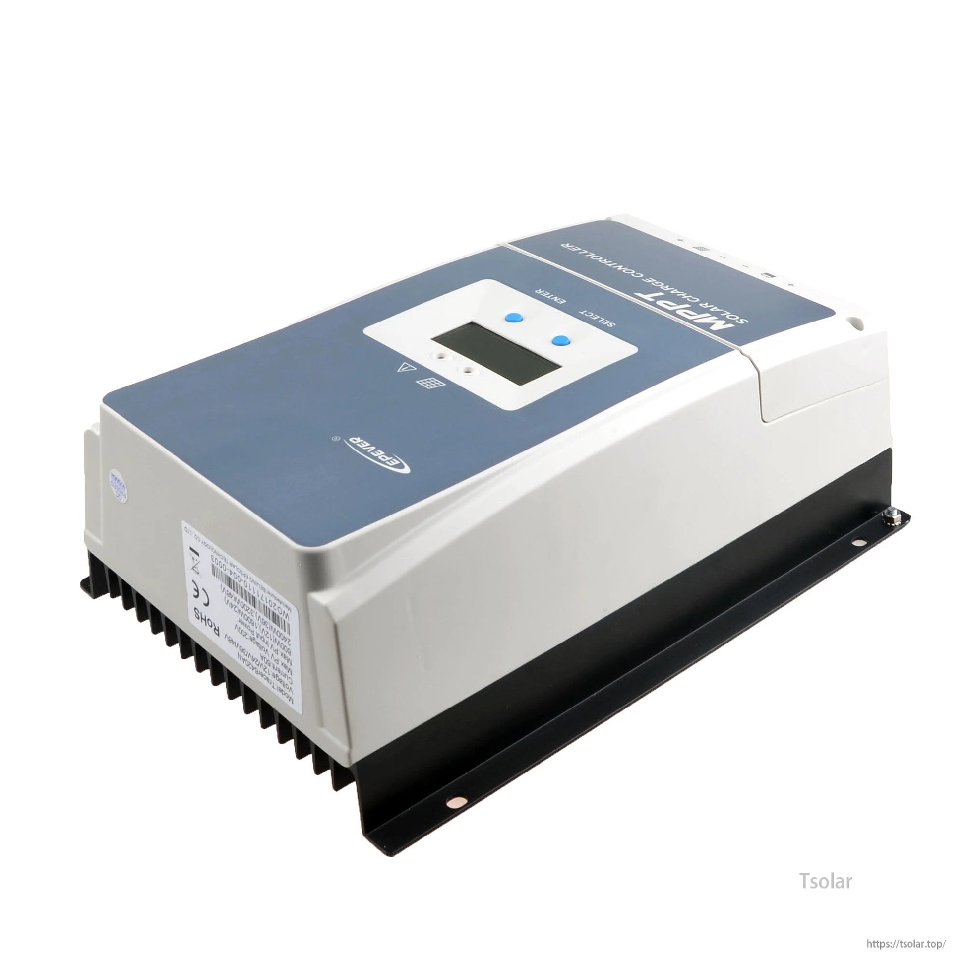 Epever Tracer AN MPPT solar charge controller with built-in LCD display, two buttons, and heatsink base