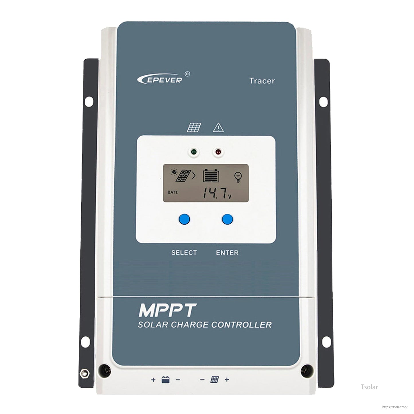 Epever Tracer AN MPPT solar charge controller with LCD display, status LEDs, and Select/Enter buttons