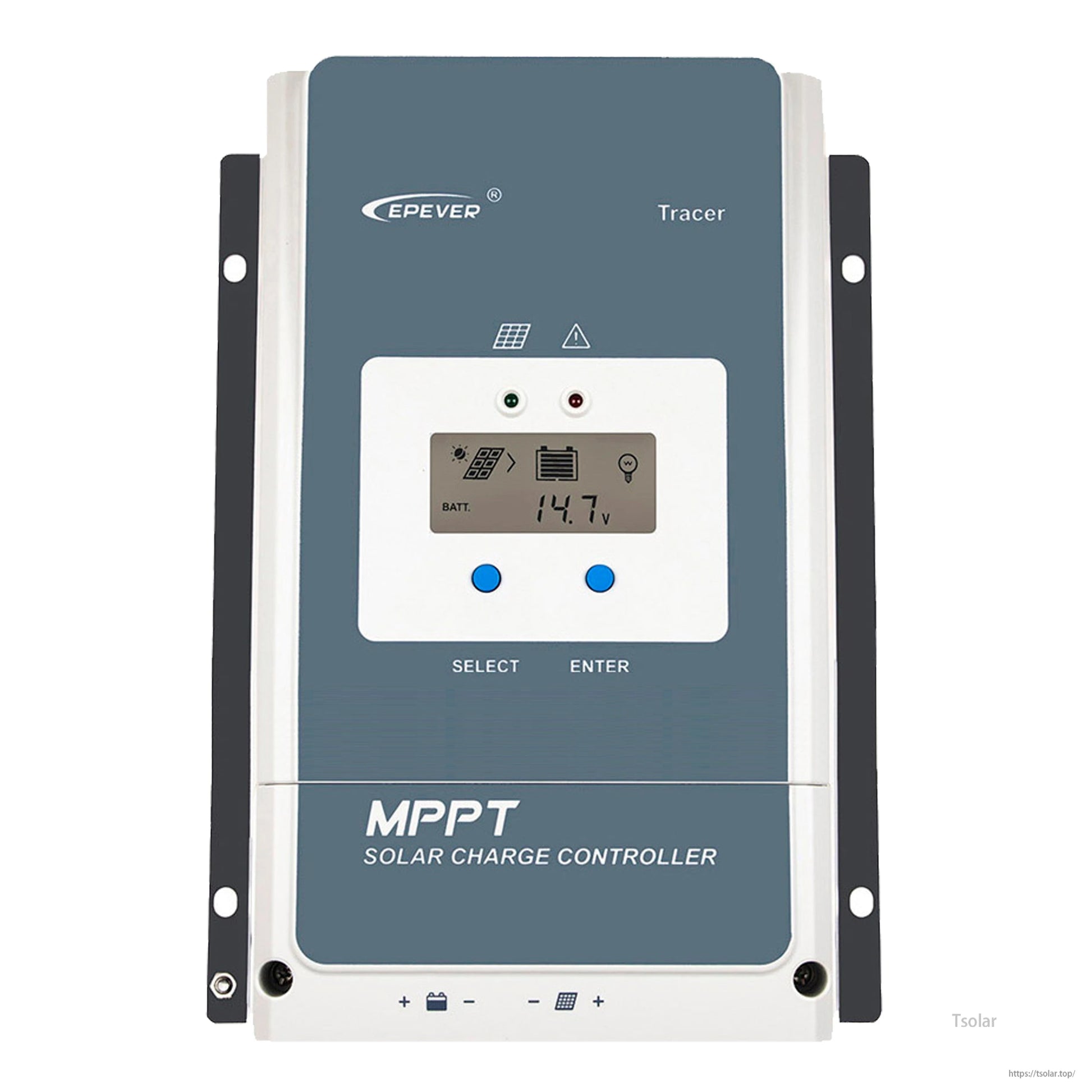 Epever Tracer AN MPPT solar charge controller with LCD display, status LEDs, and Select/Enter buttons