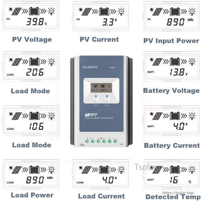 EPEVER Tracer MPPT solar charge controller with LCD display, buttons, and sample readouts for PV and battery values