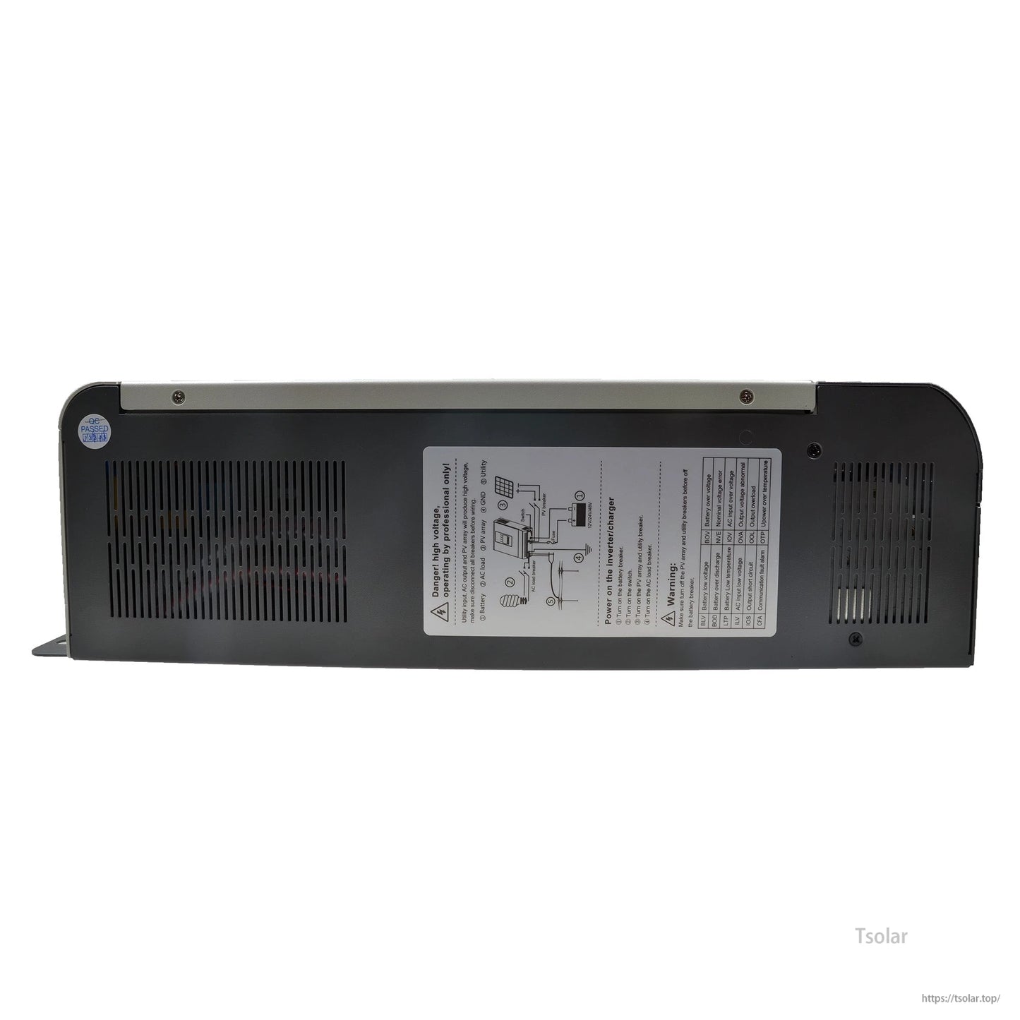 Side view of Epever UPower 5000W MPPT inverter with vented black metal case and wiring label